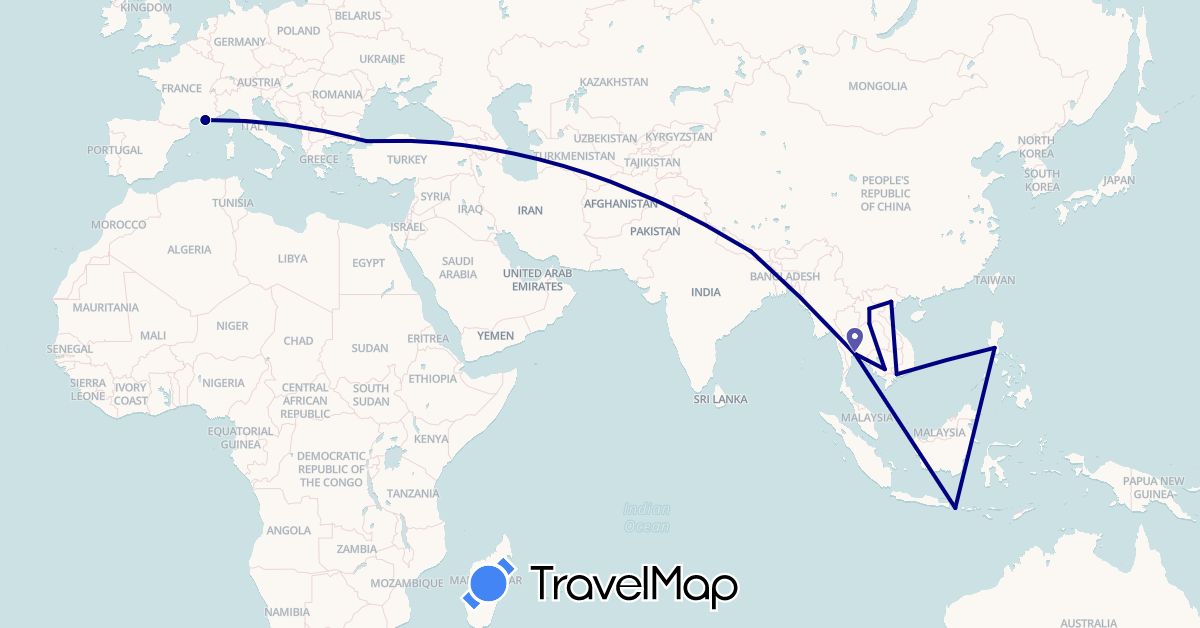 TravelMap itinerary: driving in France, Indonesia, Cambodia, Laos, Nepal, Philippines, Thailand, Turkey, Vietnam (Asia, Europe)